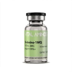 Vital Aminos 5-Amino-1MQ 5mg peptide vial with specialized lime green branding, lab-verified for 99%+ purity.