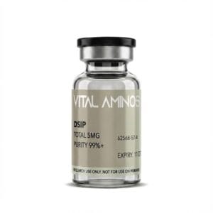 Vital Aminos DSIP 5mg peptide vial with a grey and white label, lab-verified for 99%+ purity.