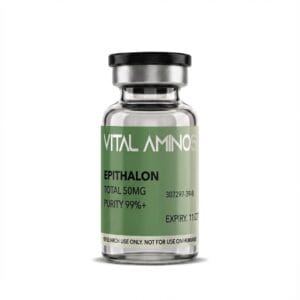 Vital Aminos Epithalon 50mg peptide vial with a dark green and white label, lab-verified for 99%+ purity.