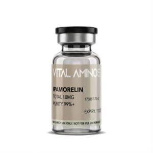 Vital Aminos Ipamorelin 10mg peptide vial with tan and white branding, lab-verified for 99%+ purity.