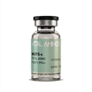 Vital Aminos MOTS-c 40mg peptide vial with light teal branding, lab-verified for 99%+ purity.