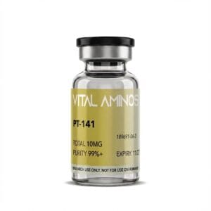 Vital Aminos PT-141 10mg peptide vial with yellow and white branding, lab-verified for 99%+ purity.