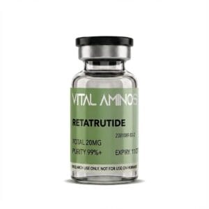 Vital Aminos Retatrutide 20mg peptide vial with green and white branding, 99%+ purity verified.
