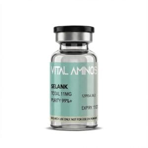 Vital Aminos Selank 11mg peptide vial with a light blue and white label, lab-verified for 99%+ purity.