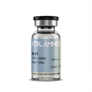 Vital Aminos SS-31 100mg peptide vial with light blue branding, lab-verified for 99%+ purity.