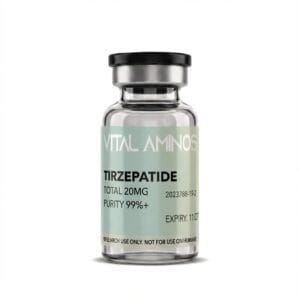 Vital Aminos Tirzepatide 20mg peptide vial with a grey and white label, lab-verified for 99%+ purity.