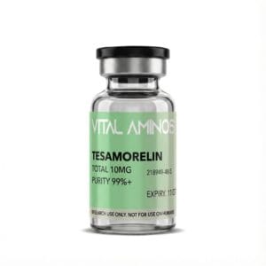 Vital Aminos Tesamorelin 10mg peptide vial with light green branding, lab-verified for 99%+ purity.