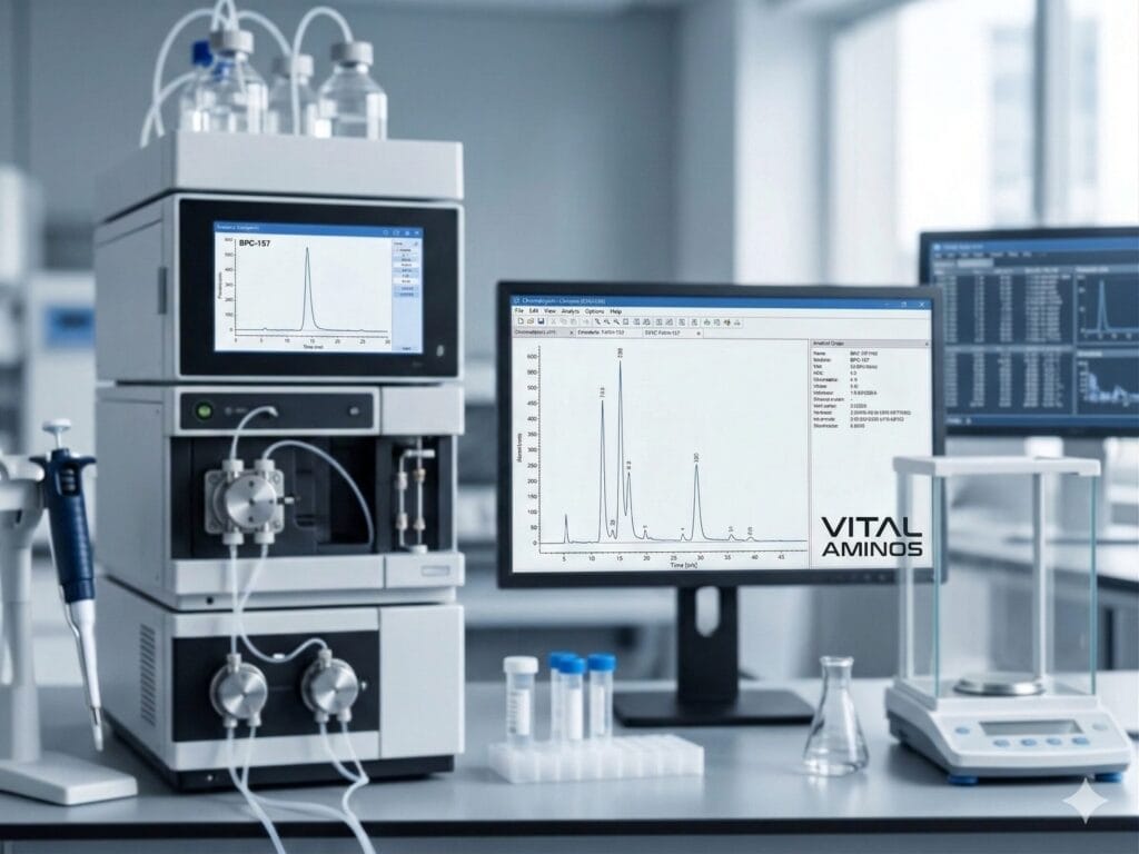 An active laboratory setting with an advanced HPLC machine displaying a sharp chromatogram peak labeled BPC-157 on a computer monitor. The futuristic VITAL AMINOS logo is integrated into the software interface, indicating technical precision and purity verification.