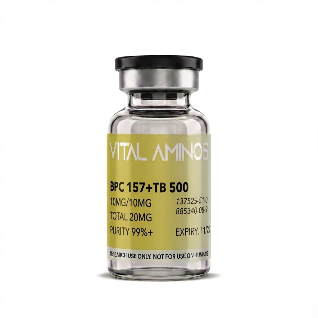 BPC-157 + TB-500 blend research peptide vial — 10mg/10mg, 99%+ purity, Vital Aminos